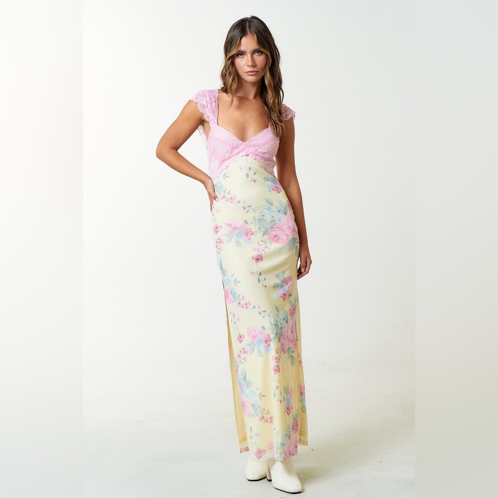 Floral Maxi Dress Pink Lace Top Yellow Print Elegant Romantic Spring Dress